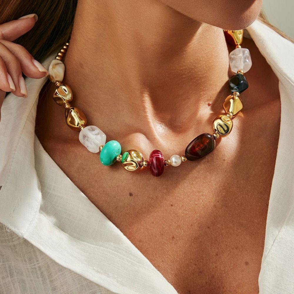 Stone Colorful Resin Necklace Bead Clavicle Chain Creative Beads Short Choker  Women