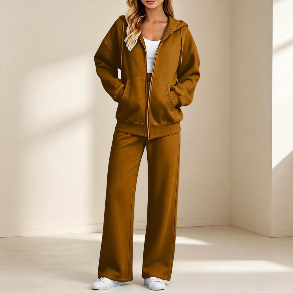Women's Casual Two Piece Outfit with Zipper Cardigan and Long Pants for Fall Winter