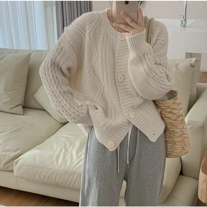 Soft waxy short cardigan women's autumn new round neck loose thickened twist knitted sweater jacket