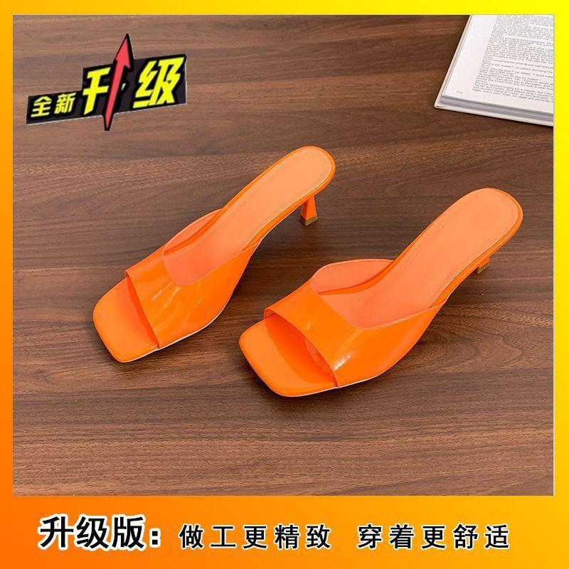 Patent Leather High-heeled Cool Slippers for Women's 2025 Summer and Autumn New Versatile Thin-heeled Square-toed Sexy One-word Slippers