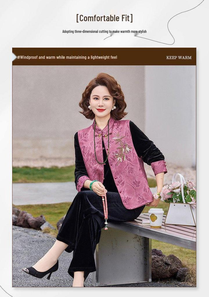 Women's New Embroidered Chinese-Style Velvet Vest with Frog Button - Two-Piece Spring Set