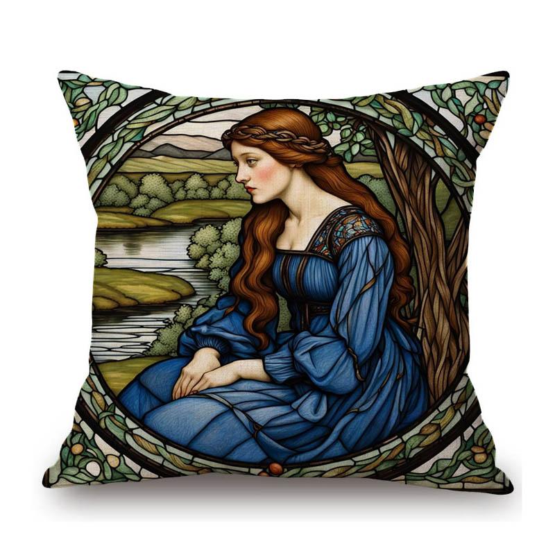 Renaissance Pre-Raphaelitism William Morris Round Stained Glass Window Elegant Lady Girl Decoration Pillow Case Cushion Cover