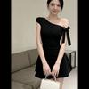 Small black skirt short-sleeved women's dress summer foreign style super fairy bow strap diagonal collar off-the-shoulder short skirt slim fit