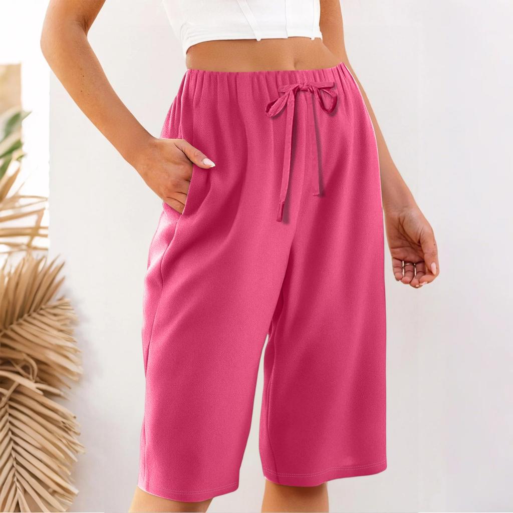 Women's Summer Elasticated Tie Waist Solid Colour Cotton & Linen Loose Shorts