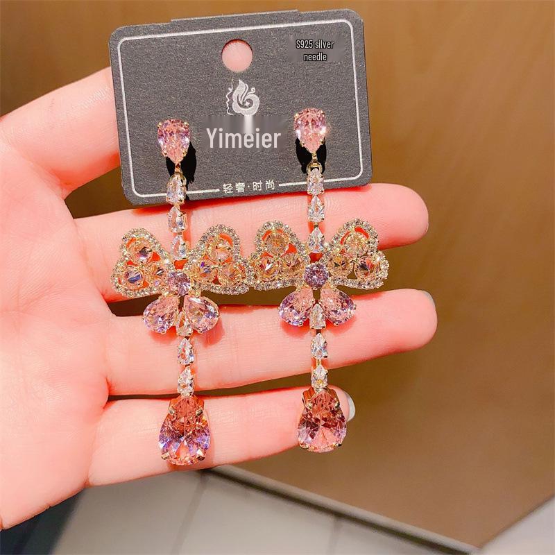 S925 Silver Needle Rhinestone Tassel Earrings - Exquisite Long Claw Chain with Colored Diamonds, European & American Style