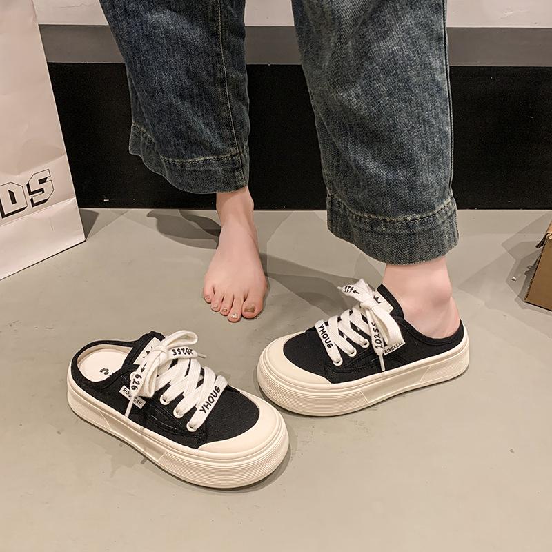 Thick-soled bag head half slippers women's summer wear 2025 new little white shoes pregnant women retro one-pedal lazy shoes