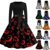 Women's Casual Halloween Print Dress Long Sleeve Round Neck Vintage Style Midi Dress with Waist Tie for Seasonal Occasion