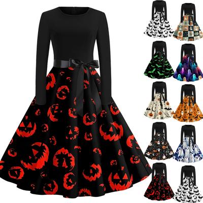 Women's Casual Halloween Print Dress Long Sleeve Round Neck Vintage Style Midi Dress with Waist Tie for Seasonal Occasion