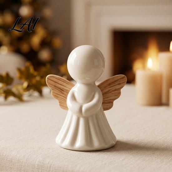 Cute Desk Decor for Bedroom Minimalist Angel Figurine with Wood Texture Wings Compact Statue Modern Aesthetic Table Centerpieces Decorative