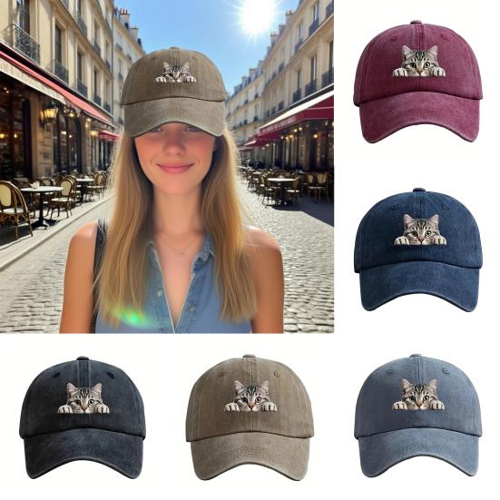 Kšiltovka s potiskem kočky Nastavitelná Praná bavlna Baseballová čepice Retro styl Opotřebovaná Sluneční klobouk Módní doplňky