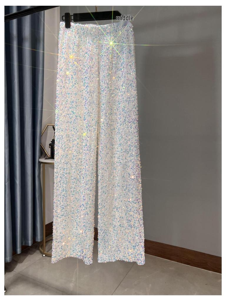 Women's Korean Velvet Sequined Wide-Leg Pants: Slim-Fit, Floor-Length, Shiny Drape Casual Wear for Autumn and Winter