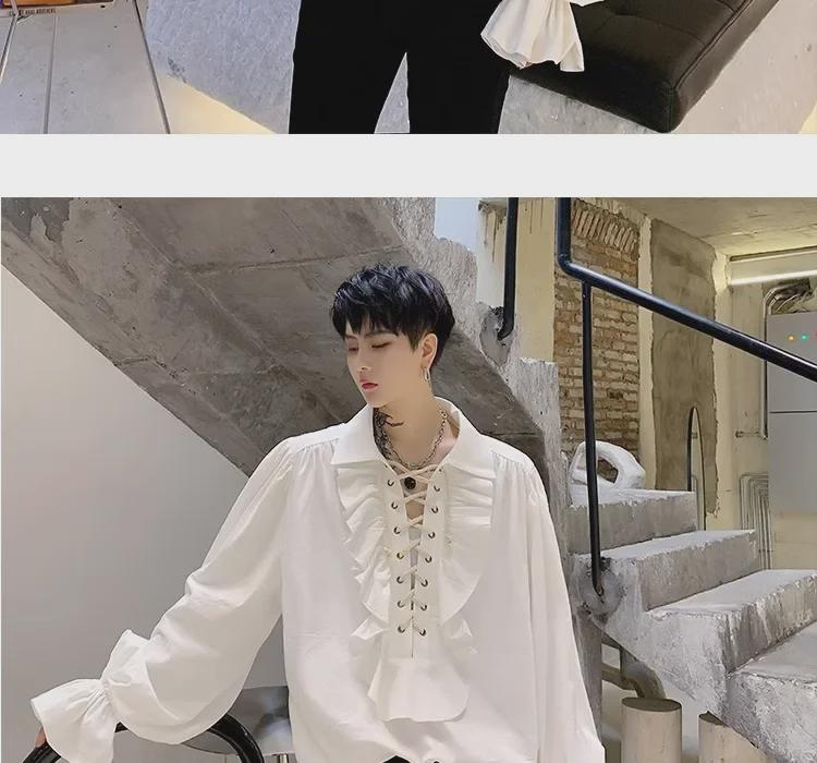 Unisex Retro Košile s Dlouhým Rukávem s Manžetami, Límcem, Volánky a Stahovací Šňůrkou - Evropský/Americký Trend Celebrity