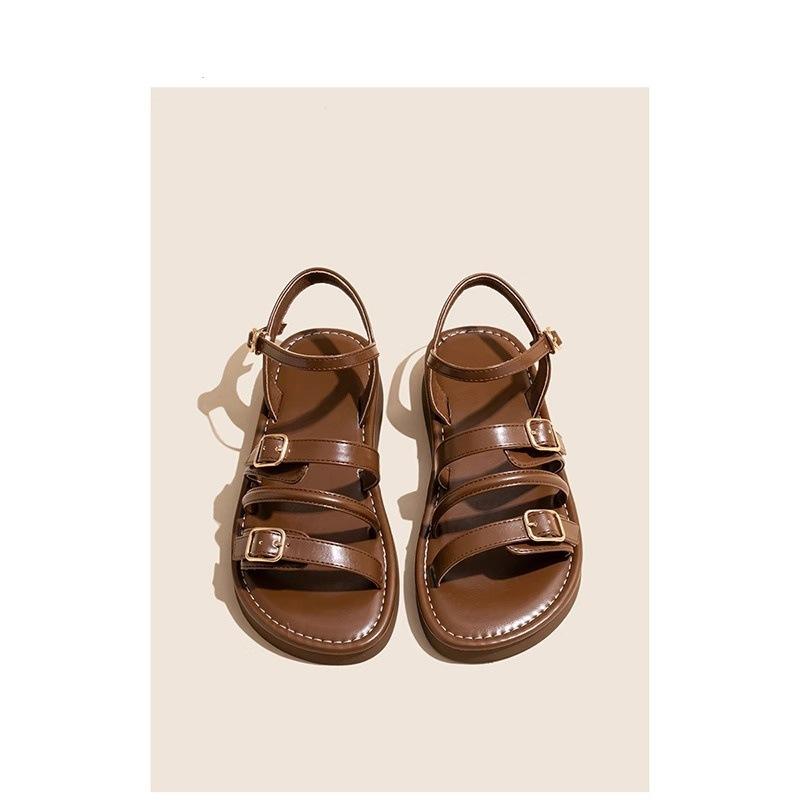Flat-soled Sandals Women's 2025 New Summer Outer Wear Belt Buckle One-word Open-toed Roman Shoes Soft-soled Fashion Beach Shoes