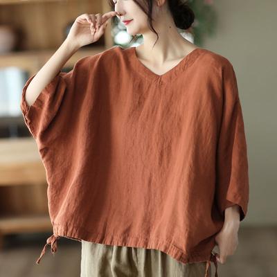 Women's Clothing Vintage Simple Drawstring Oversized Streetwear Cotton T Shirt Summer Trendy V Neck Short Sleeve Solid Tops