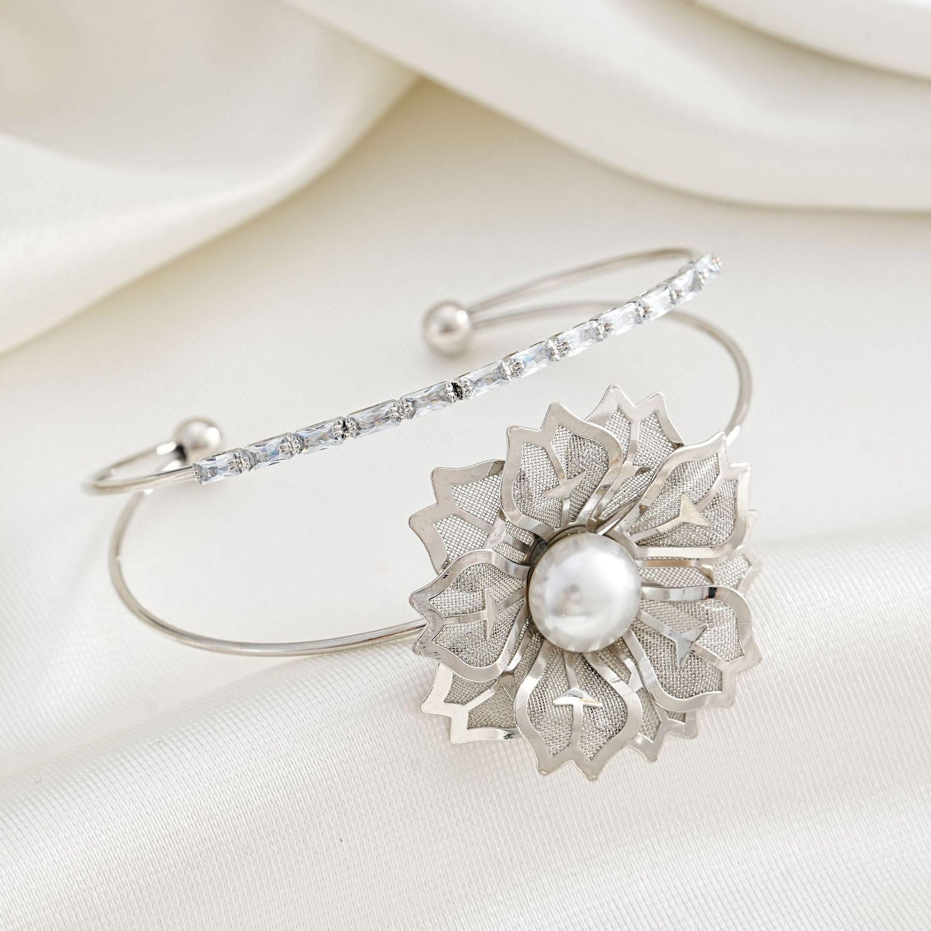 Elegant Zircon Flower Pearl Double-Layer Bracelet - Fashionable European & American Cuff Design