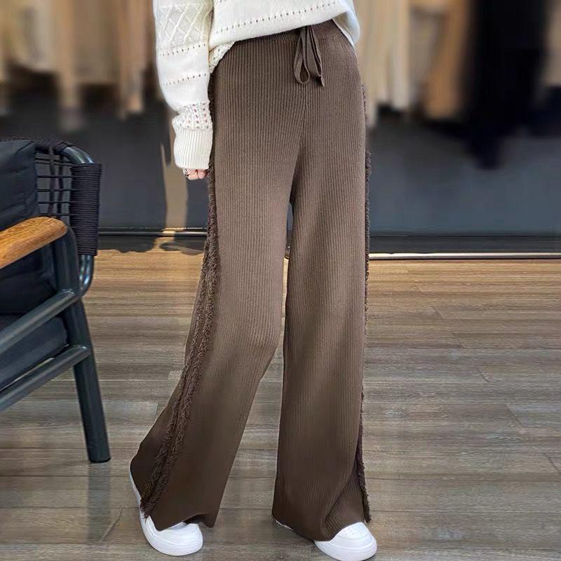 Tassel Knitted Wide Leg Pants for Women in Autumn and Winter Brushed Straight Leg Pants Loose and Slimming Floor Length Pants