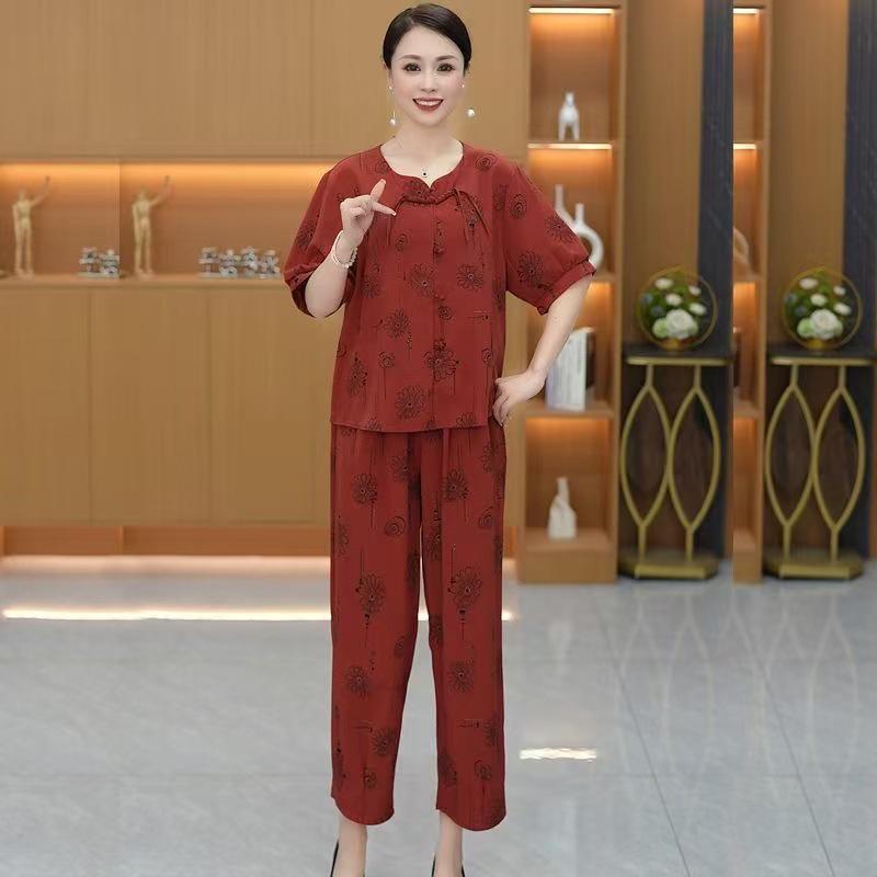 Trendy Plus Size Summer Two-Piece Set for Mid-aged & Elderly: Stylish Loose Short Sleeve Top & Pants