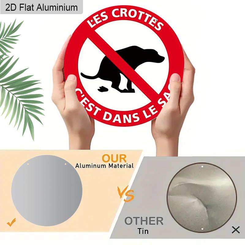 2D Flat Aluminum Rustic French Dog Poop Round Metal Sign, "Les Crottes C'est Dans Le Sac", Pre-Drilled Holes for Easy Hanging, Gifts for Teens Uncle