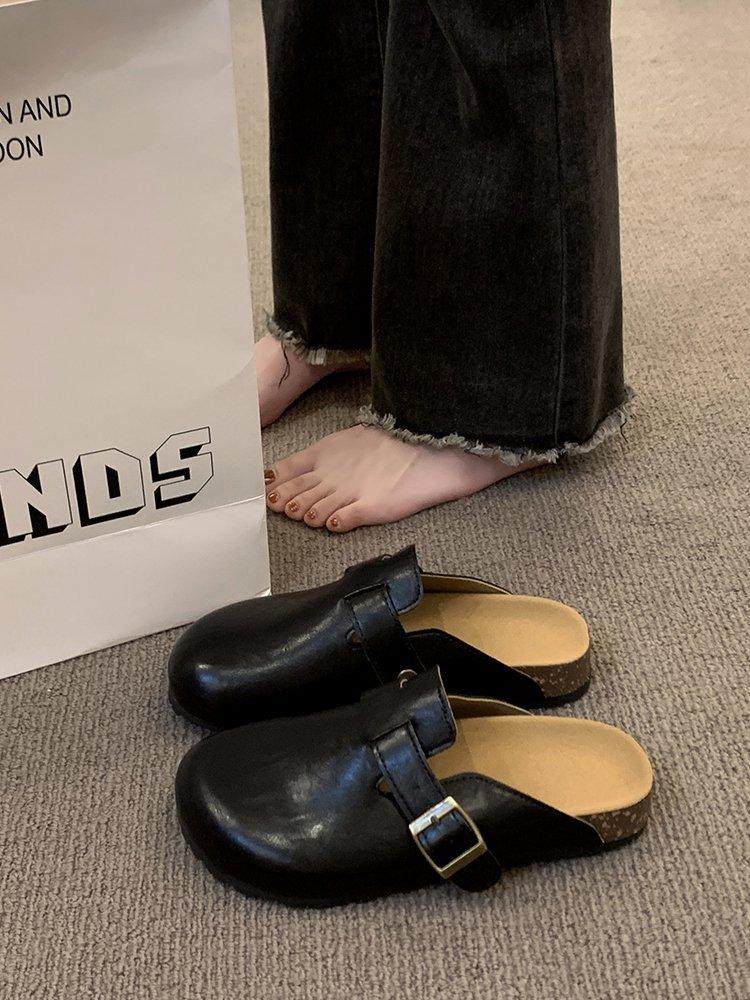 

Platform-soled Boken shoes with one foot, leather bag head and half slippers, women s outer wear 2025 new autumn ugly Boken slippers 35 чёрный