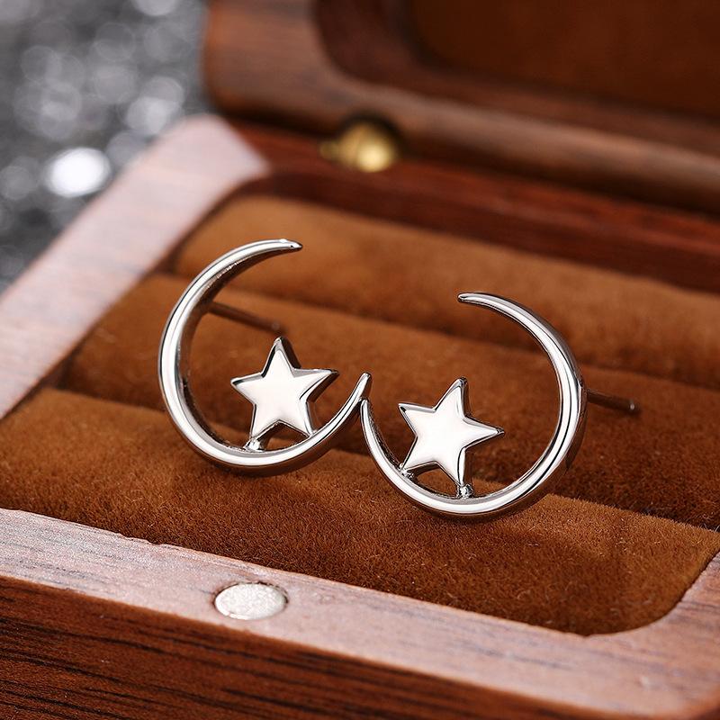 A Pair of Star and Moon Student Earrings, In A Simple Style. Star and Moon Earrings with The Same Luster Are Suitable for Daily Wear