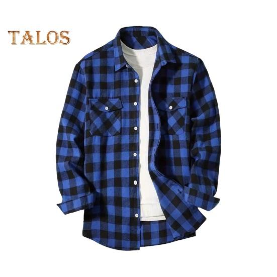 Fall Winter Men Shirt Coat Plaid Print Long Sleeves Chest Pocket Turn-down Collar Single-breasted Loose Contrast Color Jacket