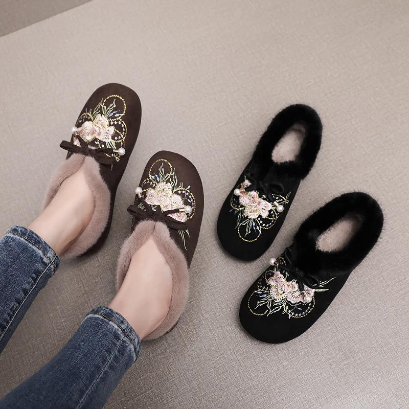 Womens Embroidered Fleece Lined Warm Ethnic Style Casual Flat Cloth Shoes