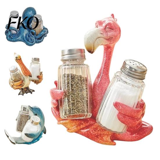 Durable Resin Kitchen Storage Creative Animal Condiment Holder, Organizer Rack for 2 Spice Dolphin Seasoning Jars, Cute Flamingo Pelican