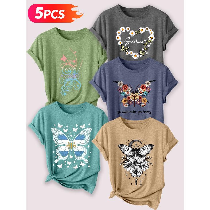 Go for a specific forest-themed, fresh floral and butterfly artistic aesthetic print Five-piece set of women's short-sleeve tops Elegant summer