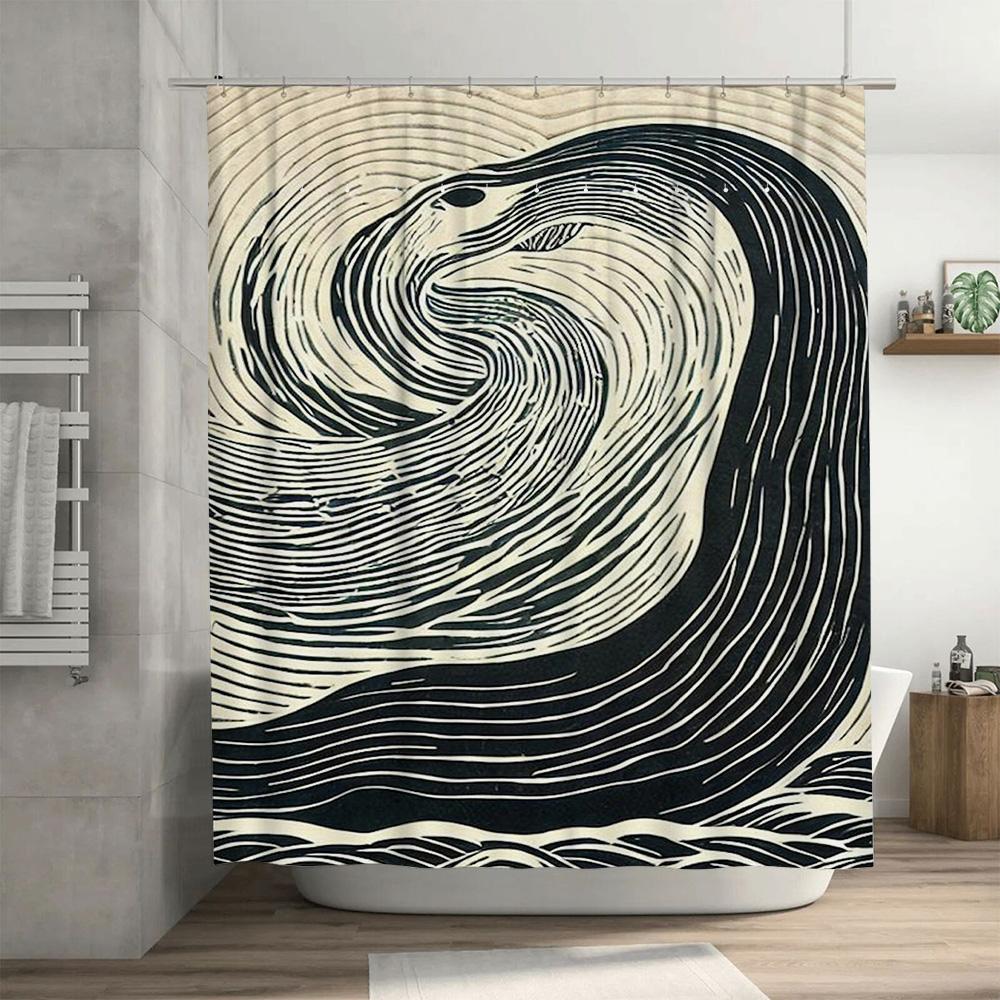 Black White Wave Print Shower Curtain Modern Bath Decor