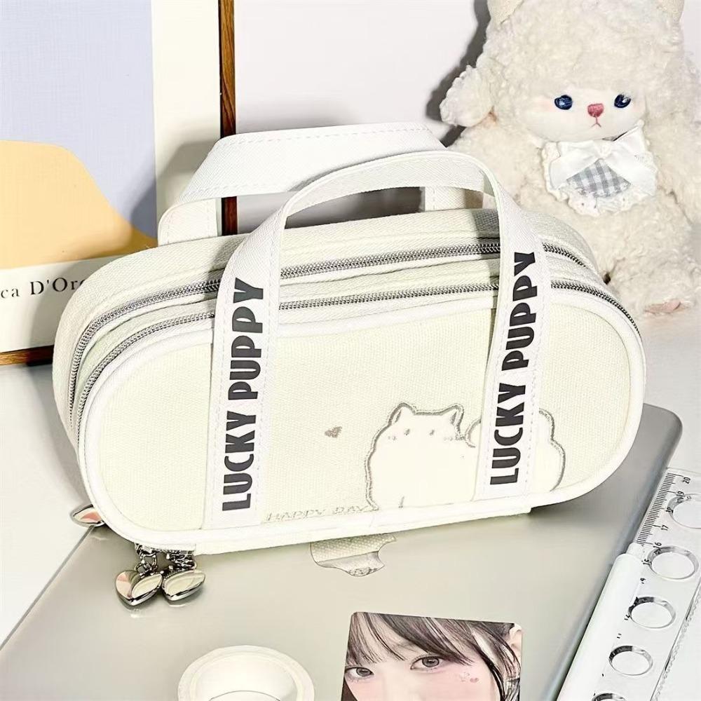 

Cartoon Cat Embroidery Pen Bag Handheld Big Capacity Stationery Storage Bag Multilayer Pencil Box Student Gift