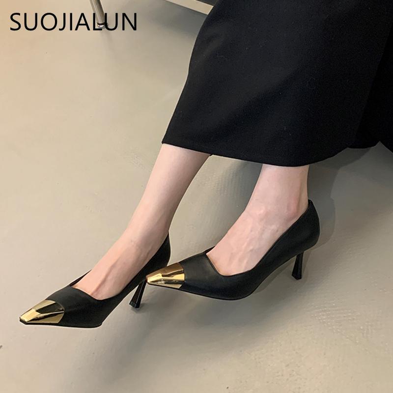 Fashion SUOJIALUN Brand Women Pumps Shoes Fashion Mix Color Ladies Elegant Boat Shoes Pointed Toe Shallow Slip On Thin High Heel Single
