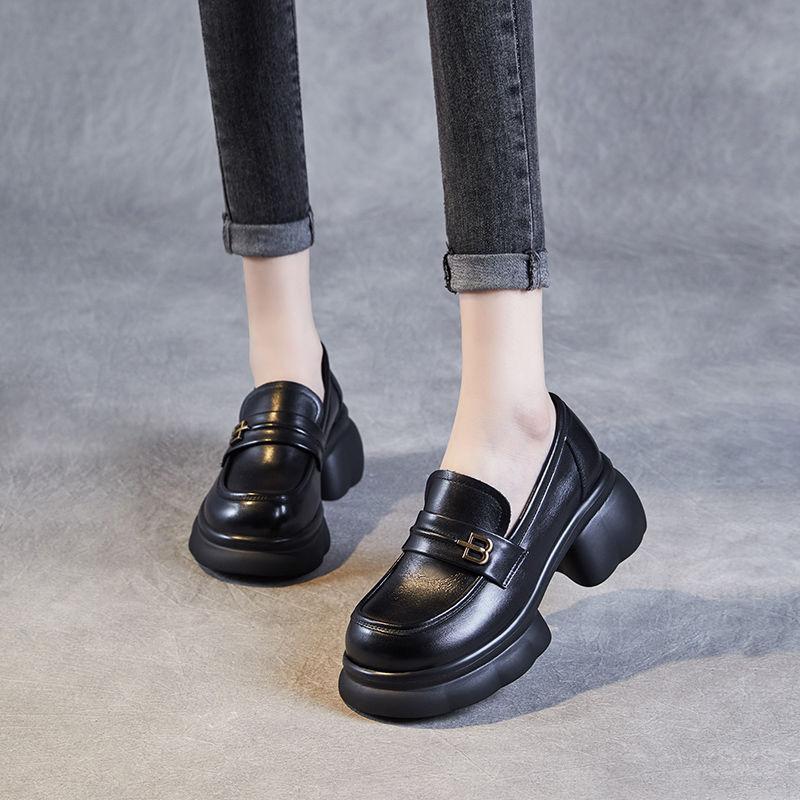 2025 Spring New Soft Leather Platform Loafers Women's Heightening Women's Shoes Soft Leather Versatile Muffin Platform Women's Leather Shoes Women