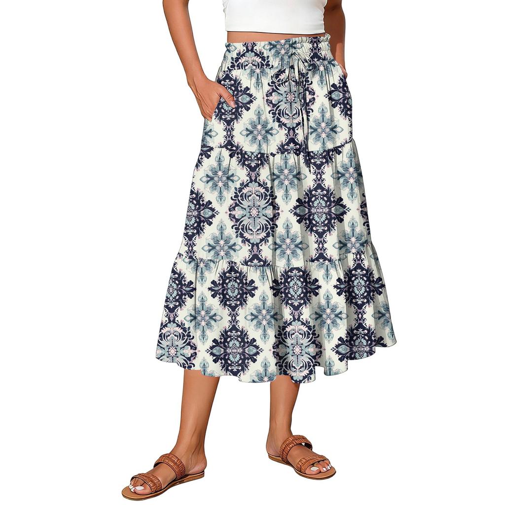 Womens Maxi Skirt Drawstring High Waisted Summer Long Skirts Lightweight Tiered Flowy Floral Pleated Skirts