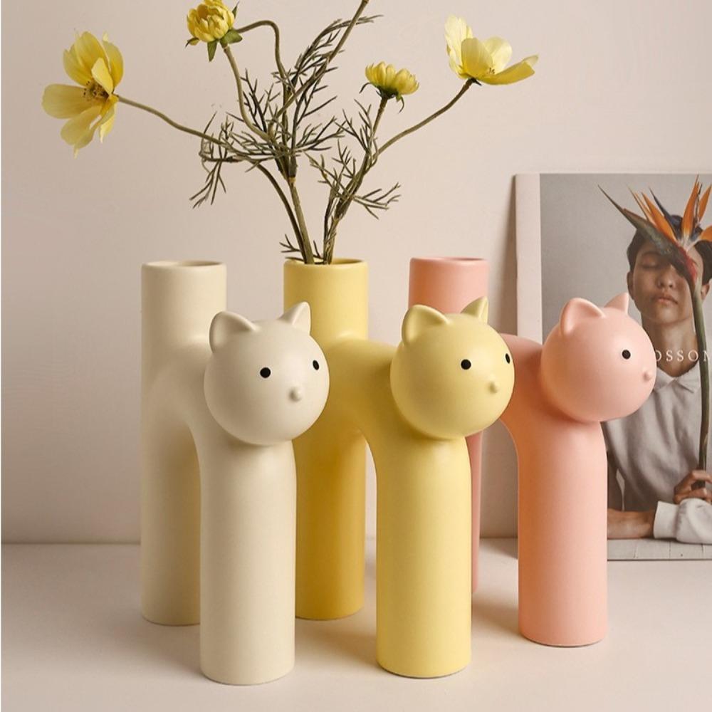 

Ceramic Cat Vase Tubular Flower Arrangement Container Cute Flowerpot Desktop Decoration жовтий