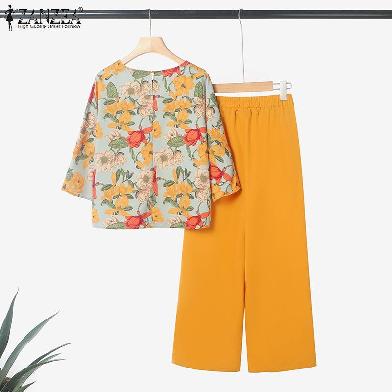 ZANZEA Women 3/4 Sleeve Print Blouse and Pants Casual Two Piece Suit Sets