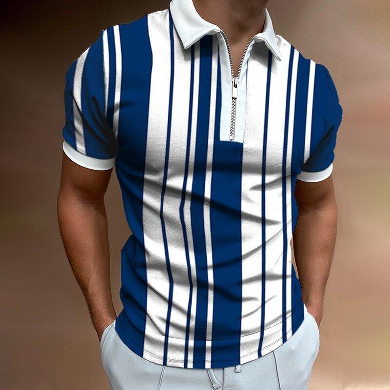 Men S Short Sleeve Polo Shirt Color Block Zip Detail Loose Fit Casual Top