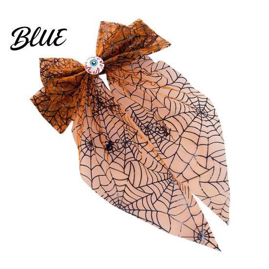 Bow Clip with Long Tails Halloween Spider Web Hair Clip Pumpkin Eyeball Tulle Tails Women Accessories for Holiday Party