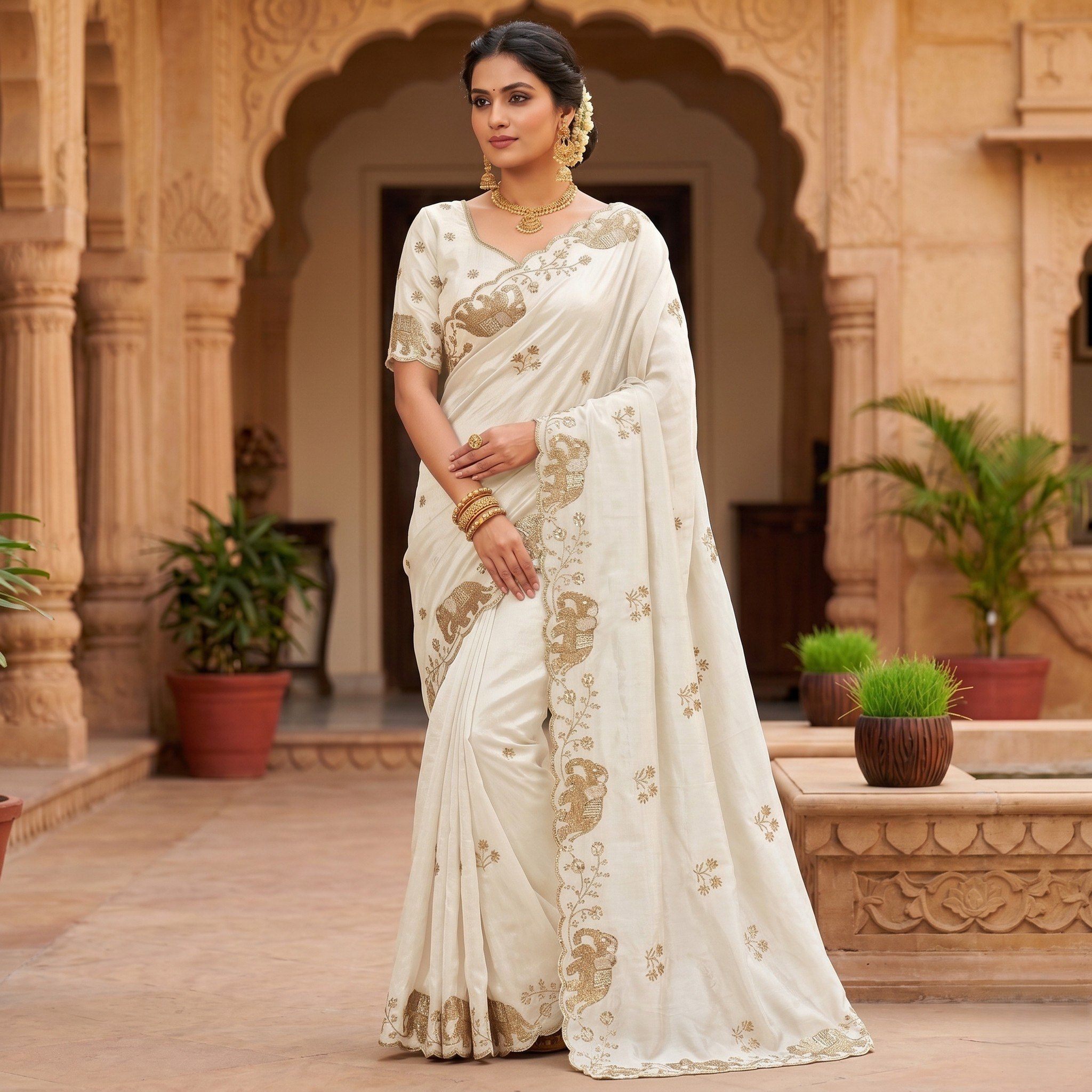 New Launch Party Wear Soft Space Silk Elephant Design Saree