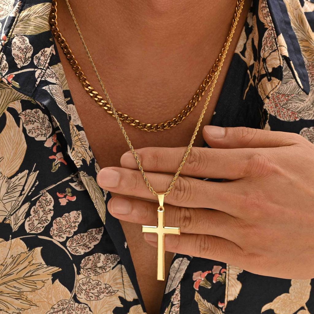 2pcs Punk Cross Necklace for Men BoysStainless Steel Stacked Chain Necklace,Male Sweater Chain Gift