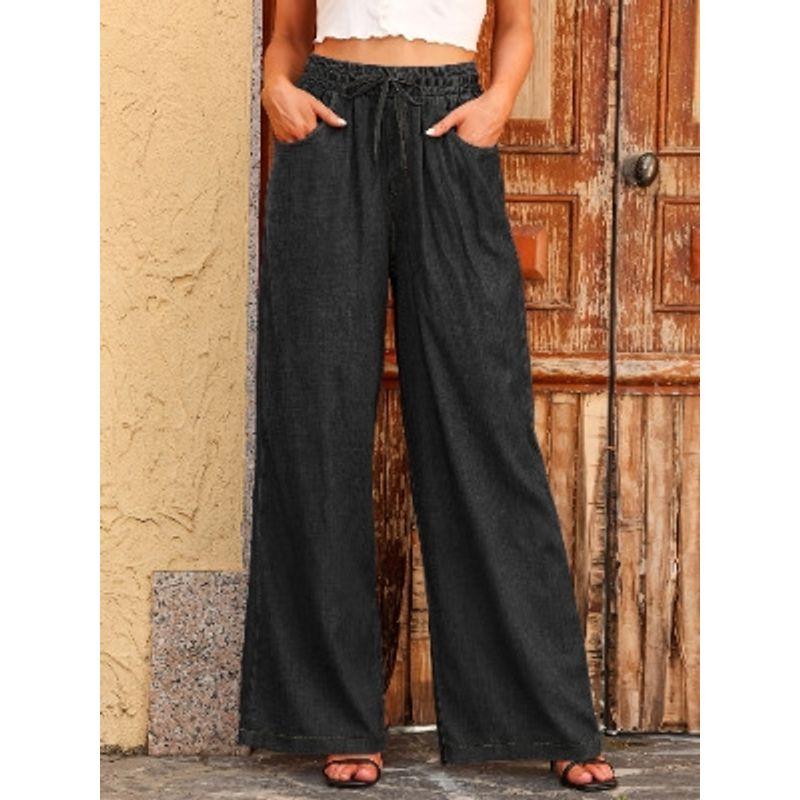 

European and American New Fashion Casual Loose Elastic Waist Drawstring Wide Leg Pants Drawstring Casual Pants Black XL