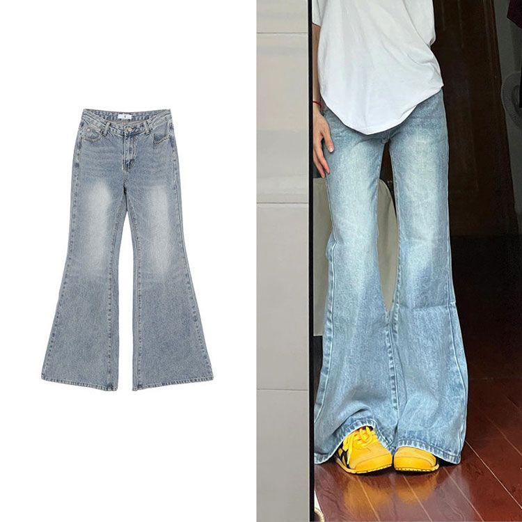 Light Colour Flare Jeans Women Big Size High Waist Design Sense Wide Leg Trousers Elastic Show Skinny Micro Flare Trousers Long Denim Pants