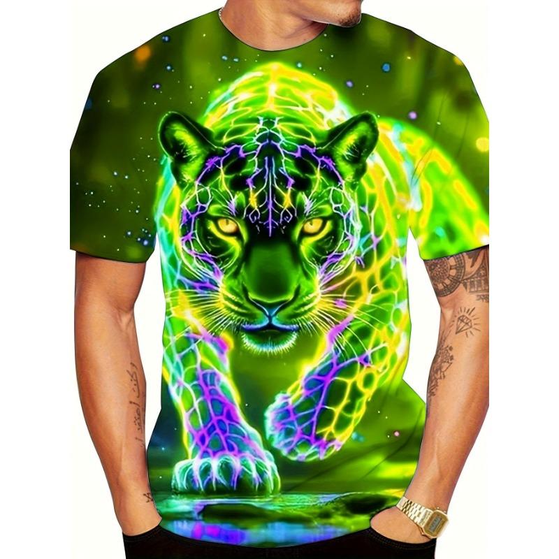 Men s Neon Green Tiger 3D Printed T-Shirt Street Style Regular Fit Short Sleeve Top Cool Glowing Animal Graphic Tee Trendy Hip Hop Fashion Apparel S разноцветный