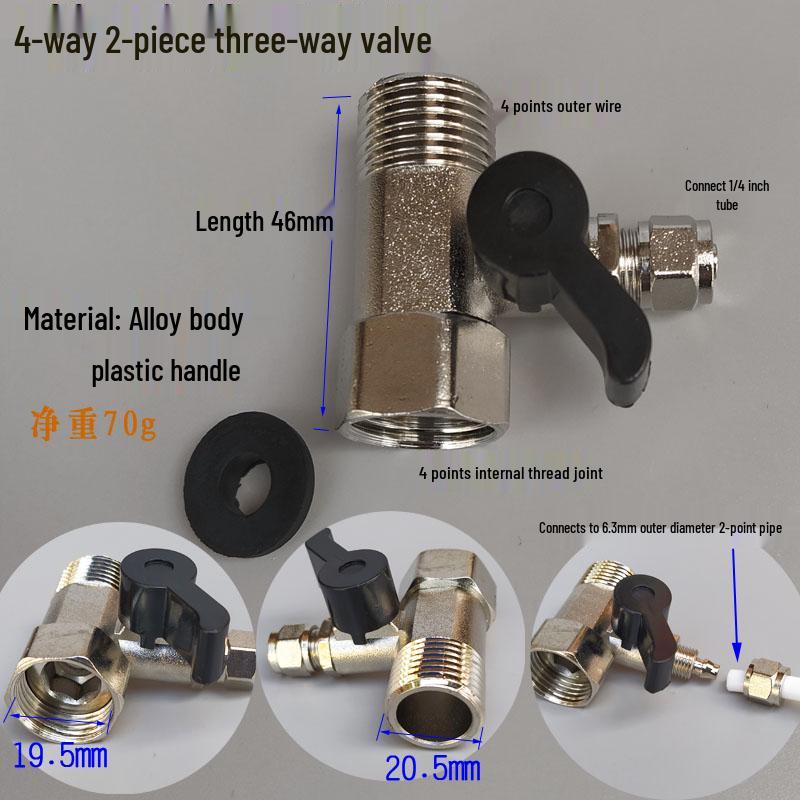 4-Way to 2-Way Tee Connector Water Purifier Valve with Switch, One-Piece Copper Alloy Ball Valve.