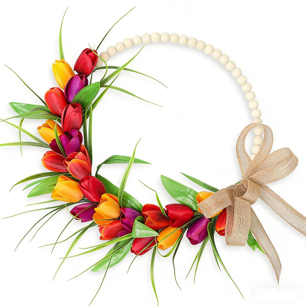 Front Door Wreath Hanging Decor Simulated Flower with Wooden Beads Holiday Spring Home Decoration Red Yellow Purple