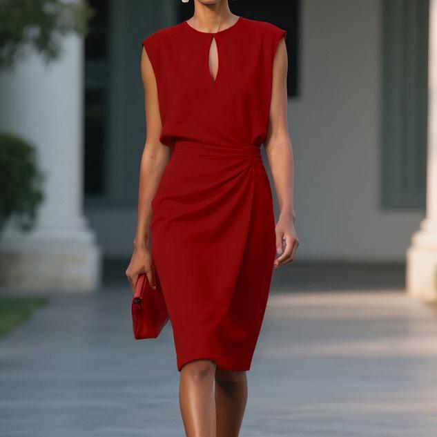 

European Retro Knotting Round Neck Hollow Waist-Cinching Dress Large червоний