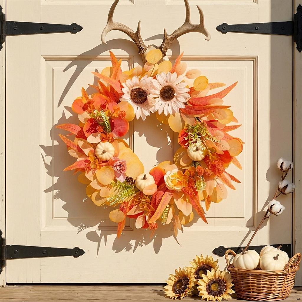 Autumn Harvest Wreath with White Pumpkins Sunflowers Maple Leaves Fall Door Decoration for Thanksgiving Seasonal Home Decor Indoor Outdoor Use