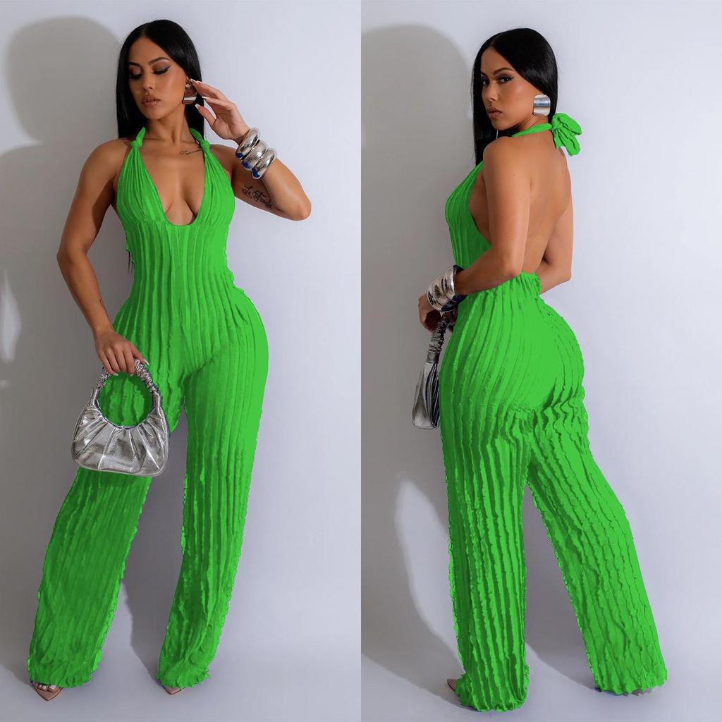European & American Fashion Women's Solid Color Backless Deep V Pleated Halter Jumpsuit