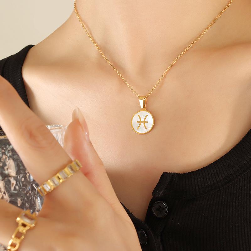French-Inspired Zodiac Pendant with White Mother-of-Pearl Inlay On 18K Gold-Plated Chain