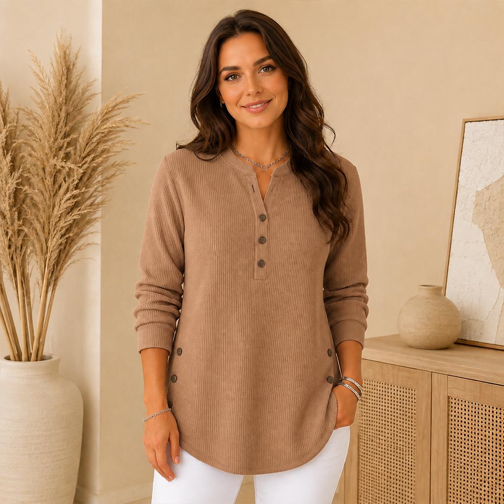 Ladies Daily Henley Style Knit Top, Long Sleeve Notch Neck Button Blouse, Curved Hem Side Buttons Loose Tunic for Street & Home Outfit