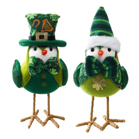 St. Sankt Patricks Dags Gosedjursfågelprydnad Stickad Hög Hatt Klöverbåge Grön Fågelfigur Hållbar Festbordsdekoration